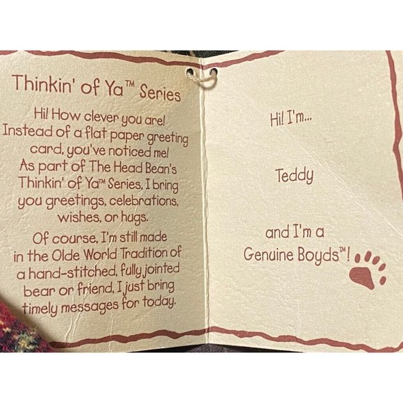Boyds Bears The Head Bean Collection Thinkin' of Ya Series Teddy bear NWT! - Picture 4 of 4